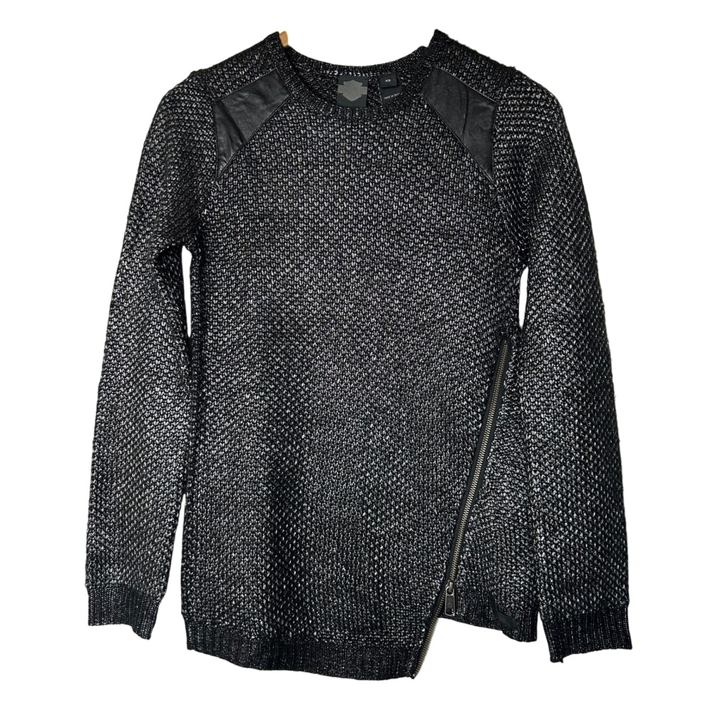 Harley Davidson Sweater‎ Size XS Black Knit Pullover with Leather Moto